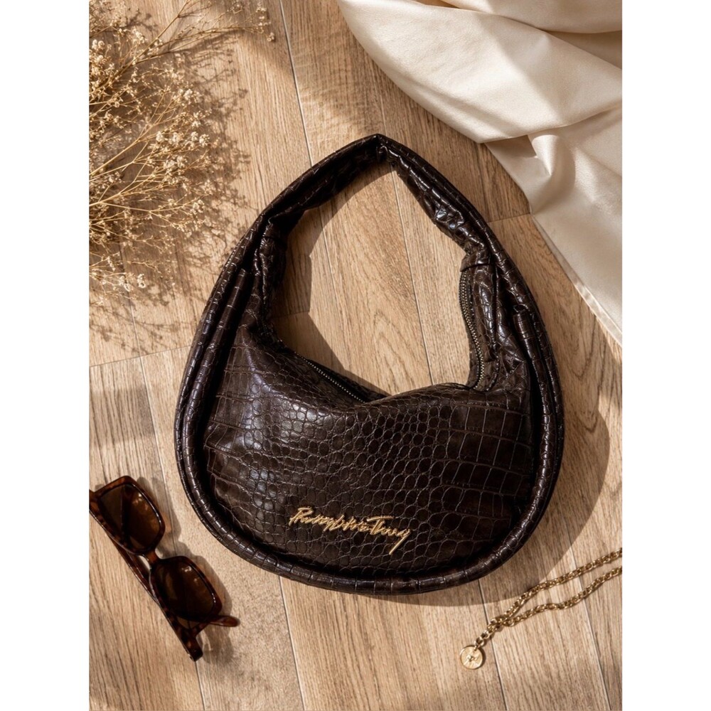PrettyLittleThing Brown Faux Croc Embossed Hobo Shoulder Bag Y2K Slouchy Purse
